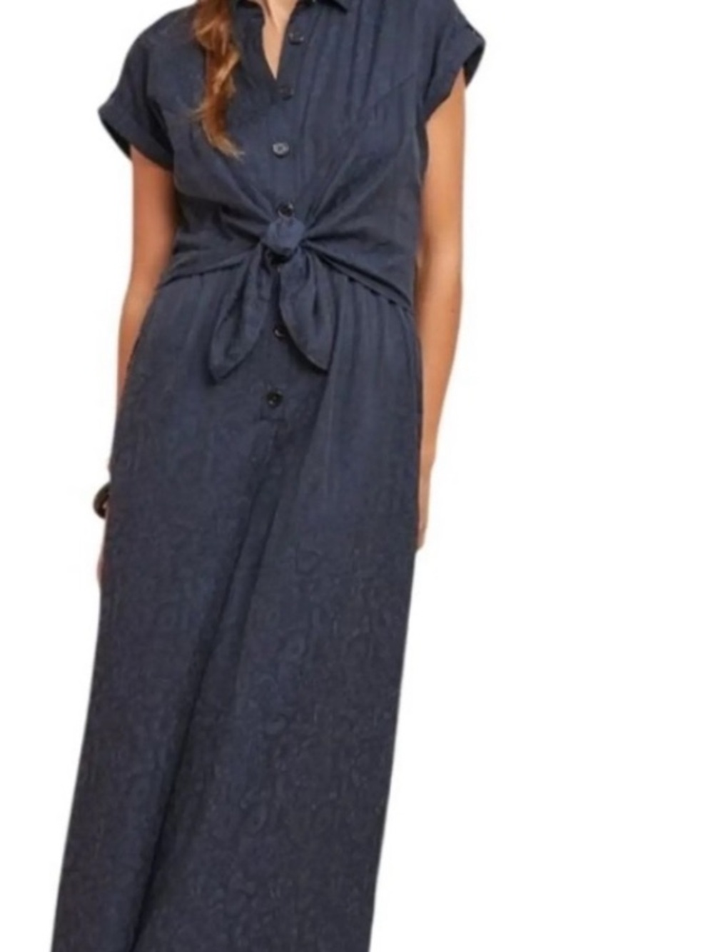 Anthropologie Navy Button-Front Tie-Waist Jumpsuit
